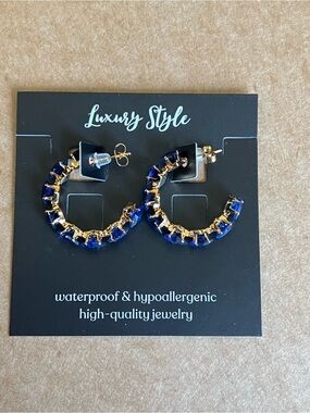 18kt Gold plated steel Hoop Earrings with Blue Stones